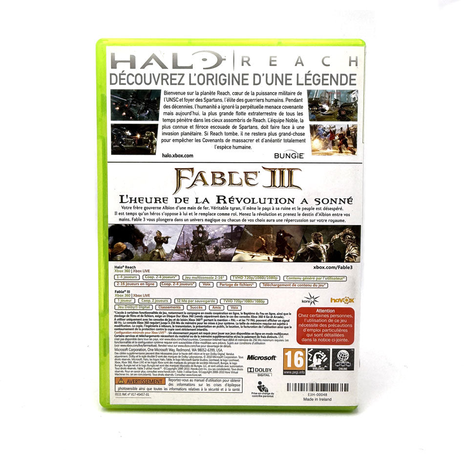 Jeu Xbox 360 : Double Pack HALO REACH & FABLE III - Version Française (VF), En Bon état