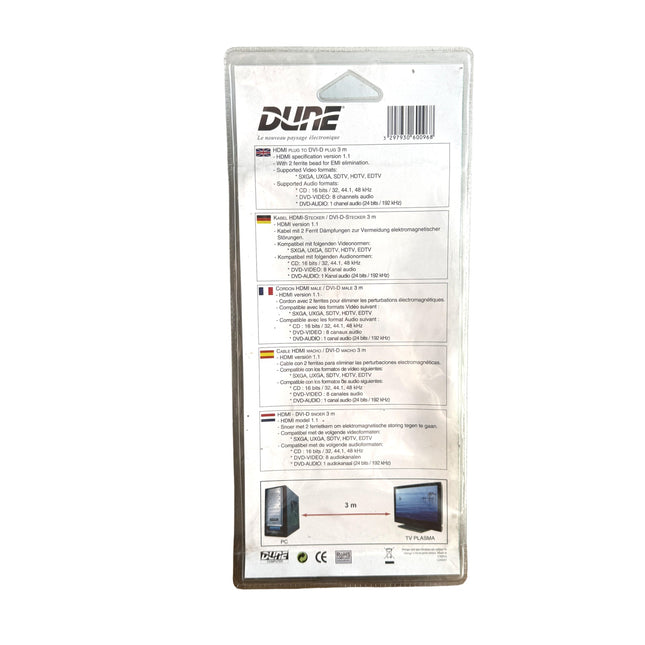 Câble Dune HDMI vers DVI-D 3 mètres – dos et caractéristiques du blister