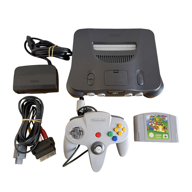Nintendo 64 avec Super Mario 64, manette, alimentation et câble vidéo