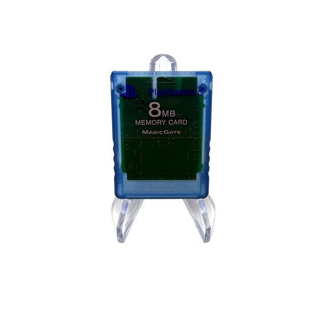 Carte mémoire officielle Sony PlayStation 2 8 Mo bleue transparente, vue détaillée de l’exemplaire